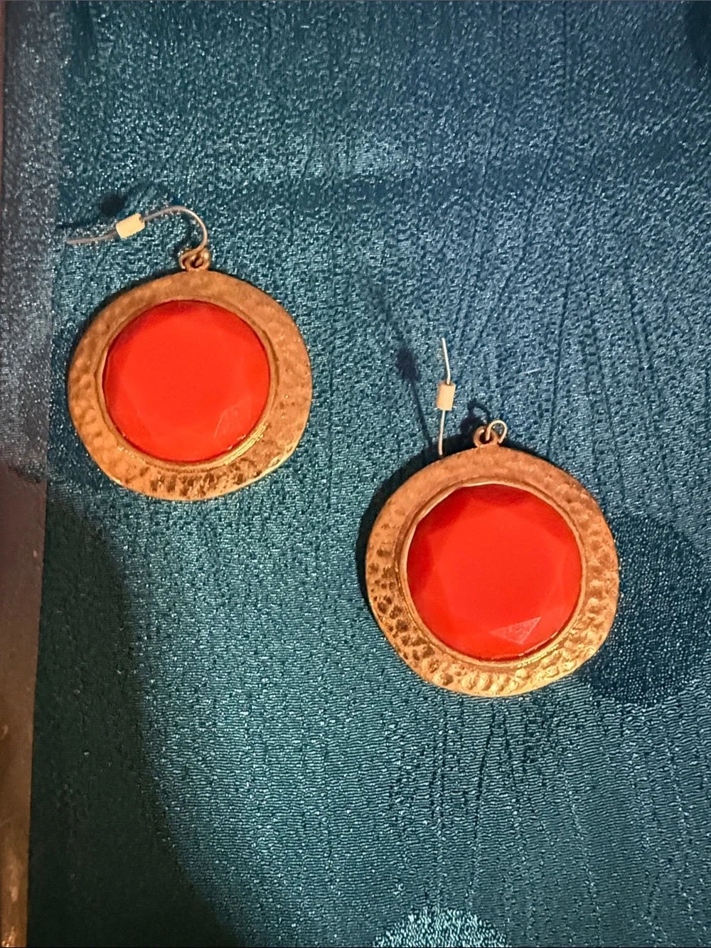 Bold Red Round Drop Earrings with Textured Gold Frame